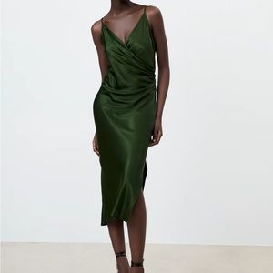 draped liginerie style green zara satin dress